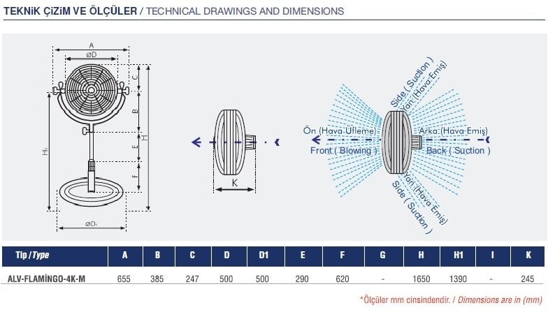 Flamingo tek ayaklı vantilatör teknik boyutları